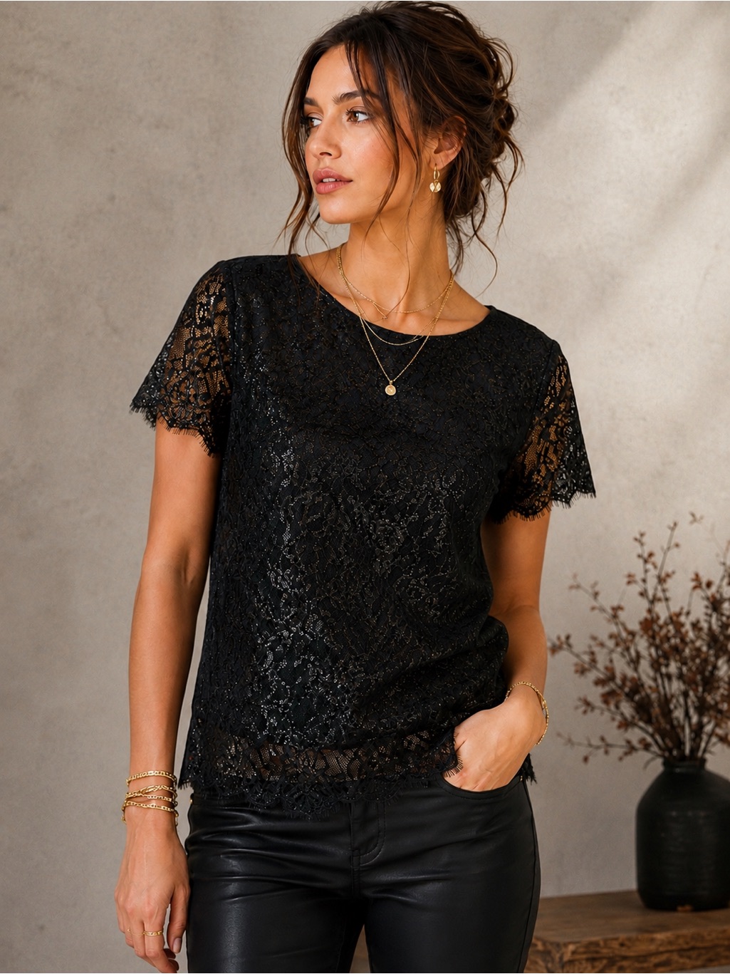Velvet By Graham & Spencer Black Metallic Lace Top | Dark Romantic Goth Chic S